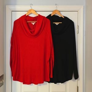 Red Rib Knit Cowl Neck Tunic Top